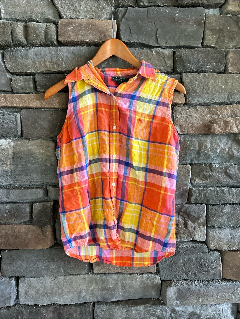 Polo Ralph Lauren Fall Preppy Orange Plaid Linen Polo Tank Size M